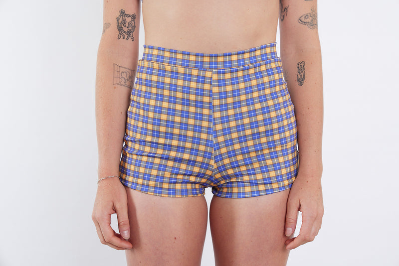 Nicole Recycled High Waist Swim Short - Yellow Tartan