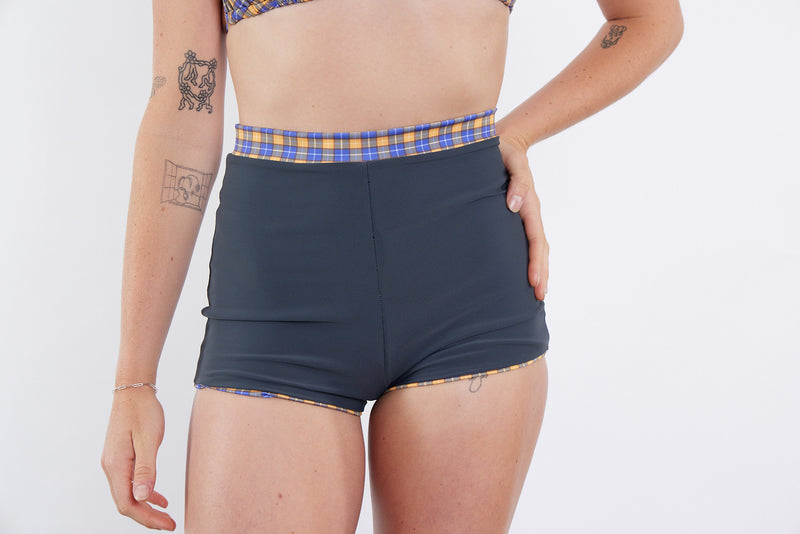 Nicole Recycled High Waist Swim Short - Yellow Tartan