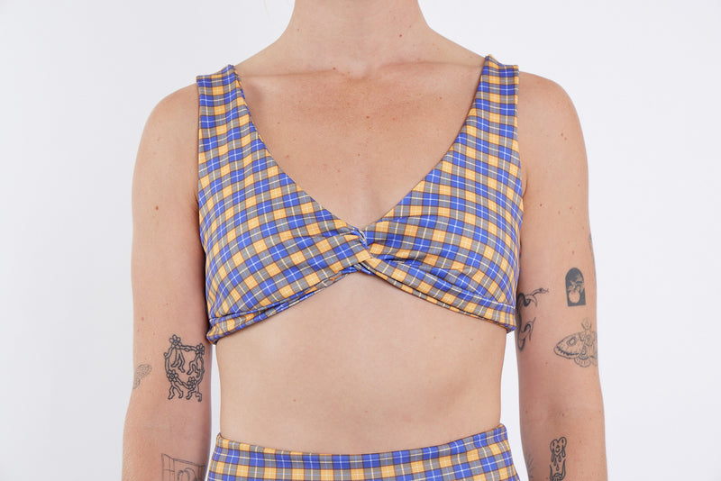 Lena Recycled Twist Bikini Top - Yellow Tartan