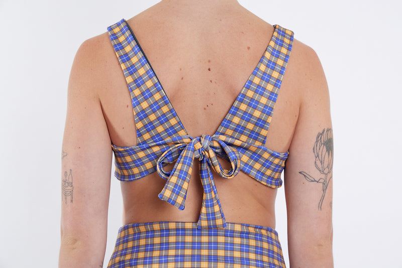 Lena Recycled Twist Bikini Top - Yellow Tartan