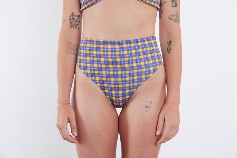 Josie Recycled High Waist Bikini Bottom - Yellow Tartan