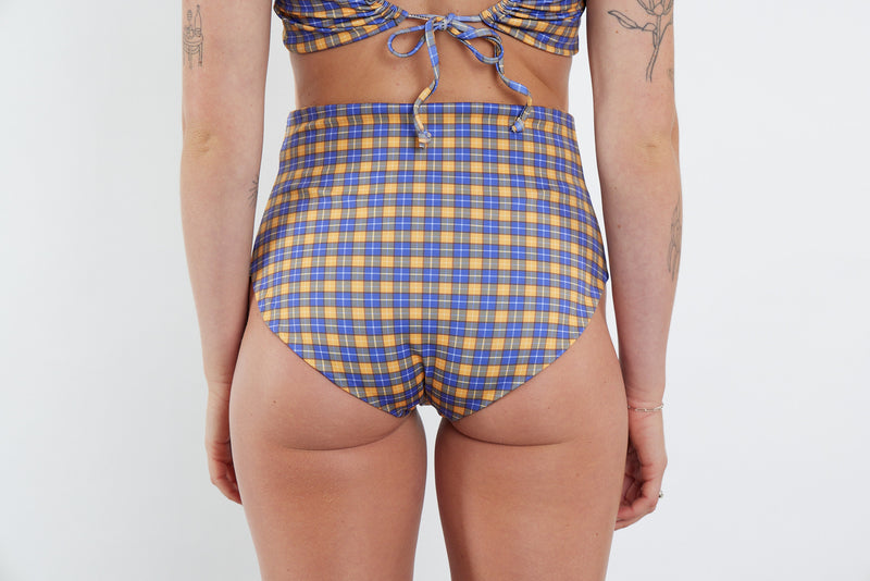 Abbie Recycled High Waist Bikini Bottom - Yellow Tartan