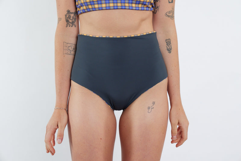 Abbie Recycled High Waist Bikini Bottom - Yellow Tartan