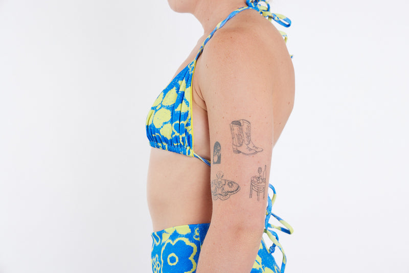 Saturday Recycled Triangle Bikini Top - Blue Yellow Towel