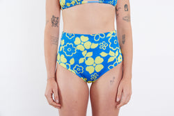 Abbie Recycled High Waist Bikini Bottom - Blue Yellow Towel Print