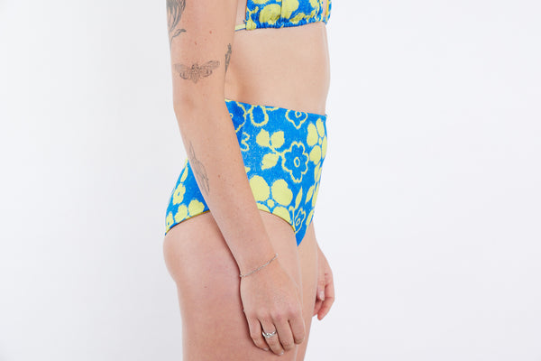 Abbie Recycled High Waist Bikini Bottom - Blue Yellow Towel Print