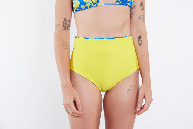 Abbie Recycled High Waist Bikini Bottom - Blue Yellow Towel Print