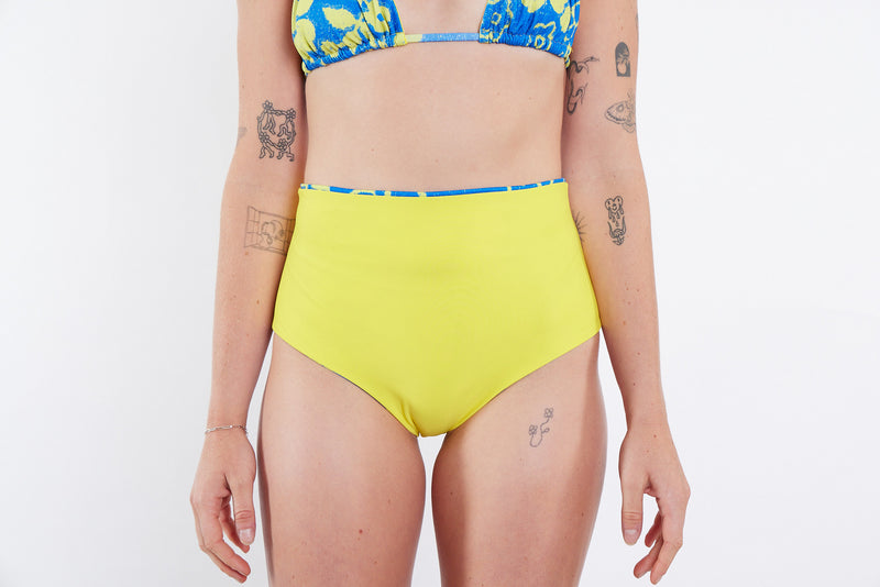 Abbie Recycled High Waist Bikini Bottom - Blue Yellow Towel Print