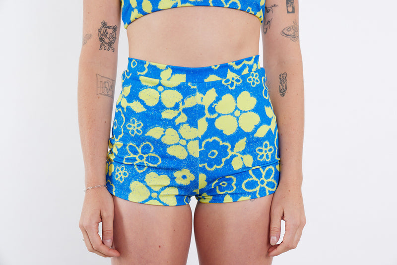 Nicole Recycled High Waist Swim Short - Blue Yellow Towel Print