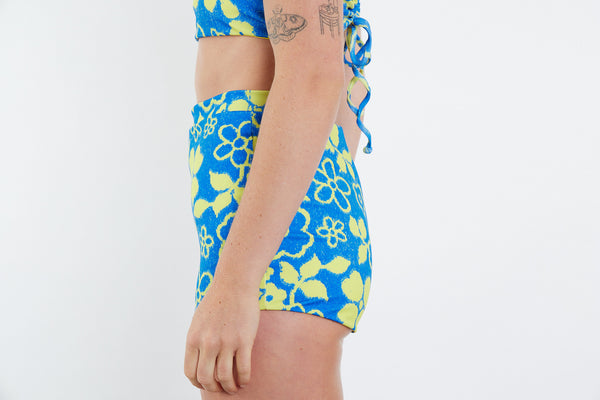 Nicole Recycled High Waist Swim Short - Blue Yellow Towel Print