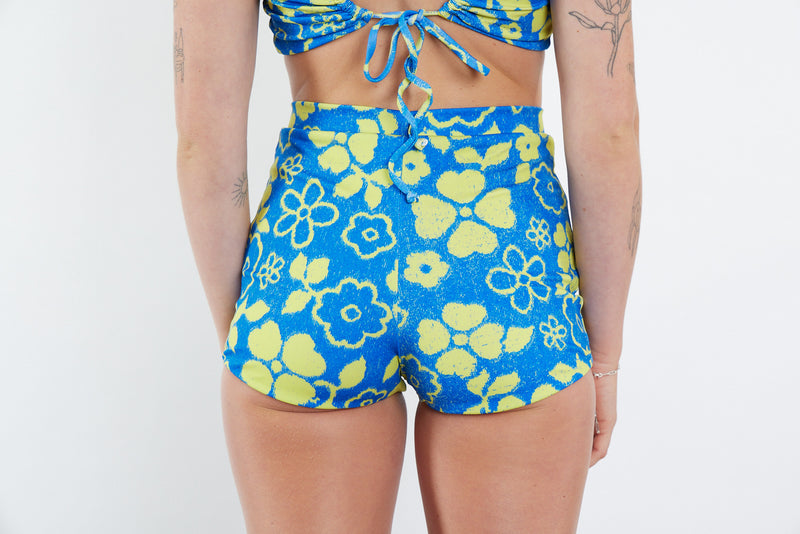 Nicole Recycled High Waist Swim Short - Blue Yellow Towel Print