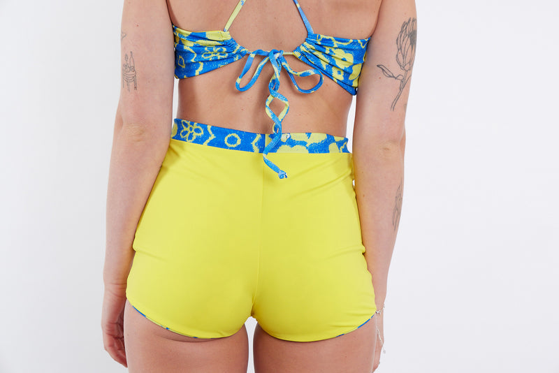 Nicole Recycled High Waist Swim Short - Blue Yellow Towel Print