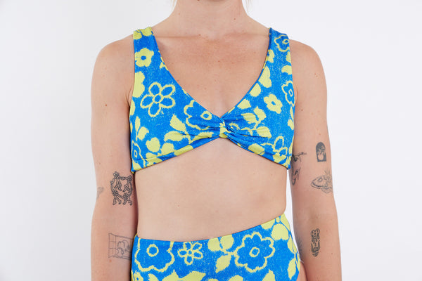 Lena Recycled Twist Bikini Top - Blue Yellow Towel