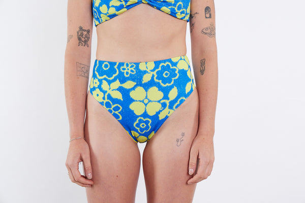 Josie Recycled High Waist Bikini Bottom - Blue Yellow Towel Print