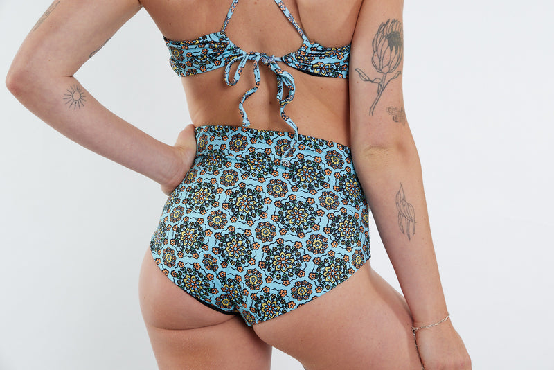 Abbie Recycled High Waist Bikini Bottom - Blue Floral Wallpaper