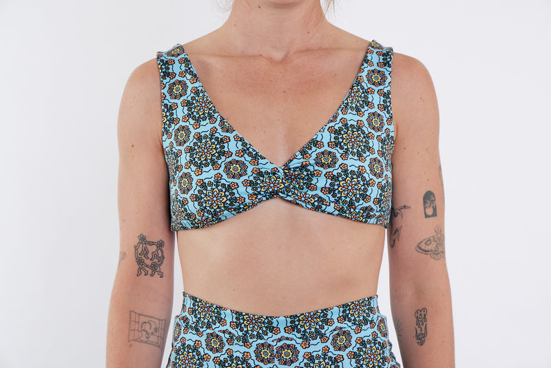 Lena Recycled Twist Bikini Top - Blue Floral Wallpaper