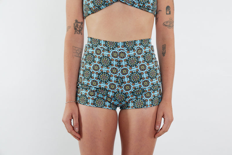 Nicole Recycled High Waist Swim Short - Blue Floral Wallpaper