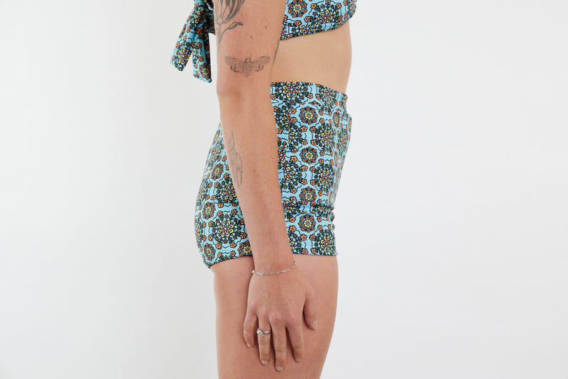 Nicole Recycled High Waist Swim Short - Blue Floral Wallpaper