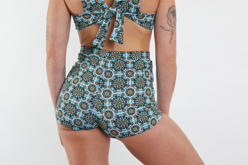 Nicole Recycled High Waist Swim Short - Blue Floral Wallpaper