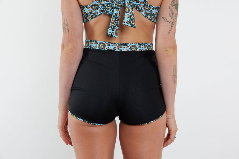 Nicole Recycled High Waist Swim Short - Blue Floral Wallpaper