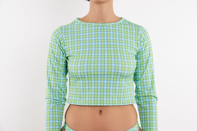 Recycled Long Sleeve Rashie UPF50+ - Green & Blue Tartan