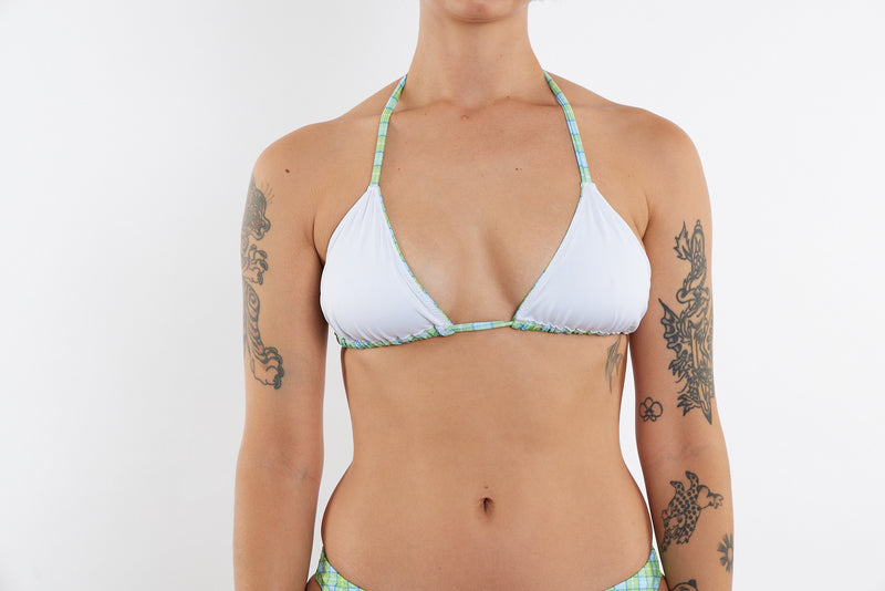 Saturday Recycled Triangle Bikini Top - Green & Blue Tartan