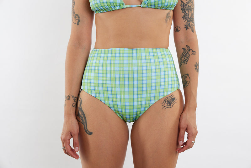 Abbie Recycled High Waist Bikini Bottom - Green & Blue Tartan