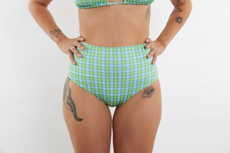 Abbie Recycled High Waist Bikini Bottom - Green & Blue Tartan