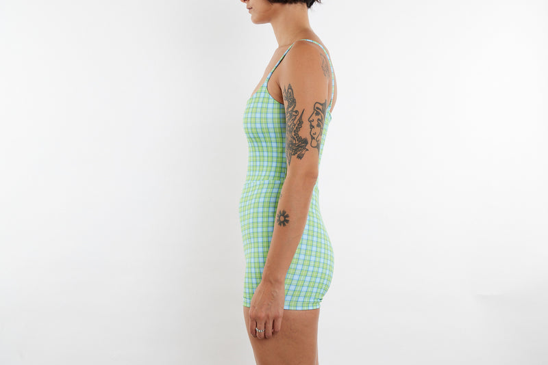 Alex Recycled Boyleg Full Piece Swimsuit - Green & Blue Tartan