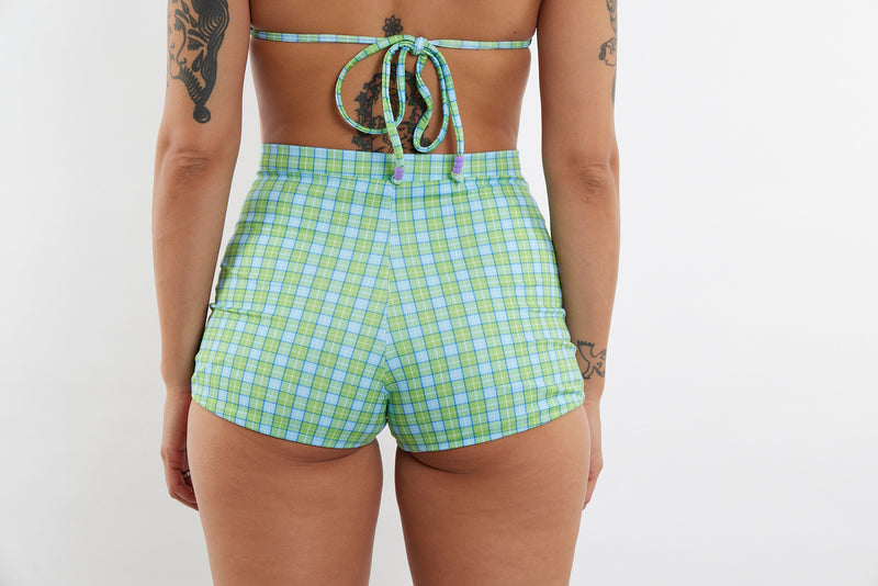 Nicole Recycled High Waist Swim Short - Green and Blue Tartan