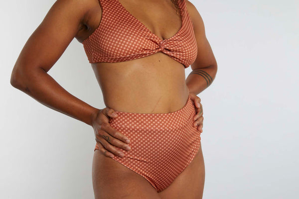 Cindy Recycled High Waist Bikini Bottom - Hazelnut Gingham