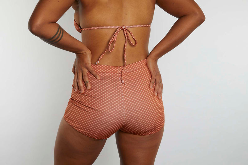 Nicole Recycled High Waist Swim Short - Hazelnut Gingham