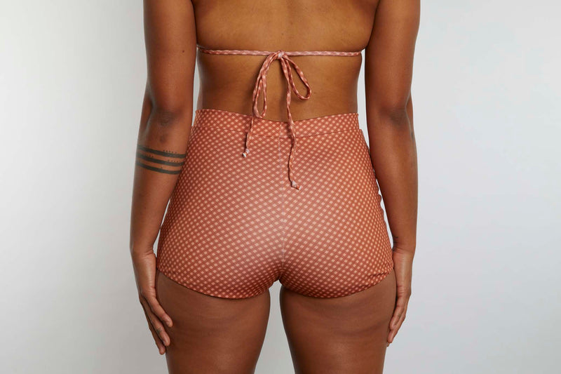 Nicole Recycled High Waist Swim Short - Hazelnut Gingham