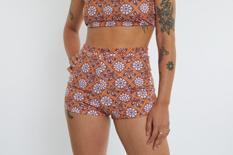 Nicole Recycled High Waist Swim Short - Dandelion Tile