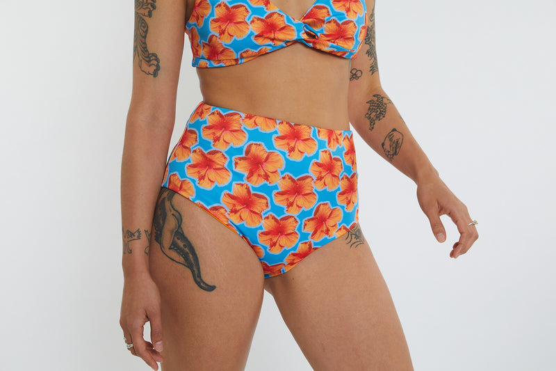 Abbie Recycled High Waist Bikini Bottom - Hibiscus Digi